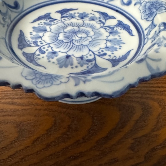 Flora Blue and White Floral Pedestal Bowl by Seymour Mann Inc. - Picture 3 of 7